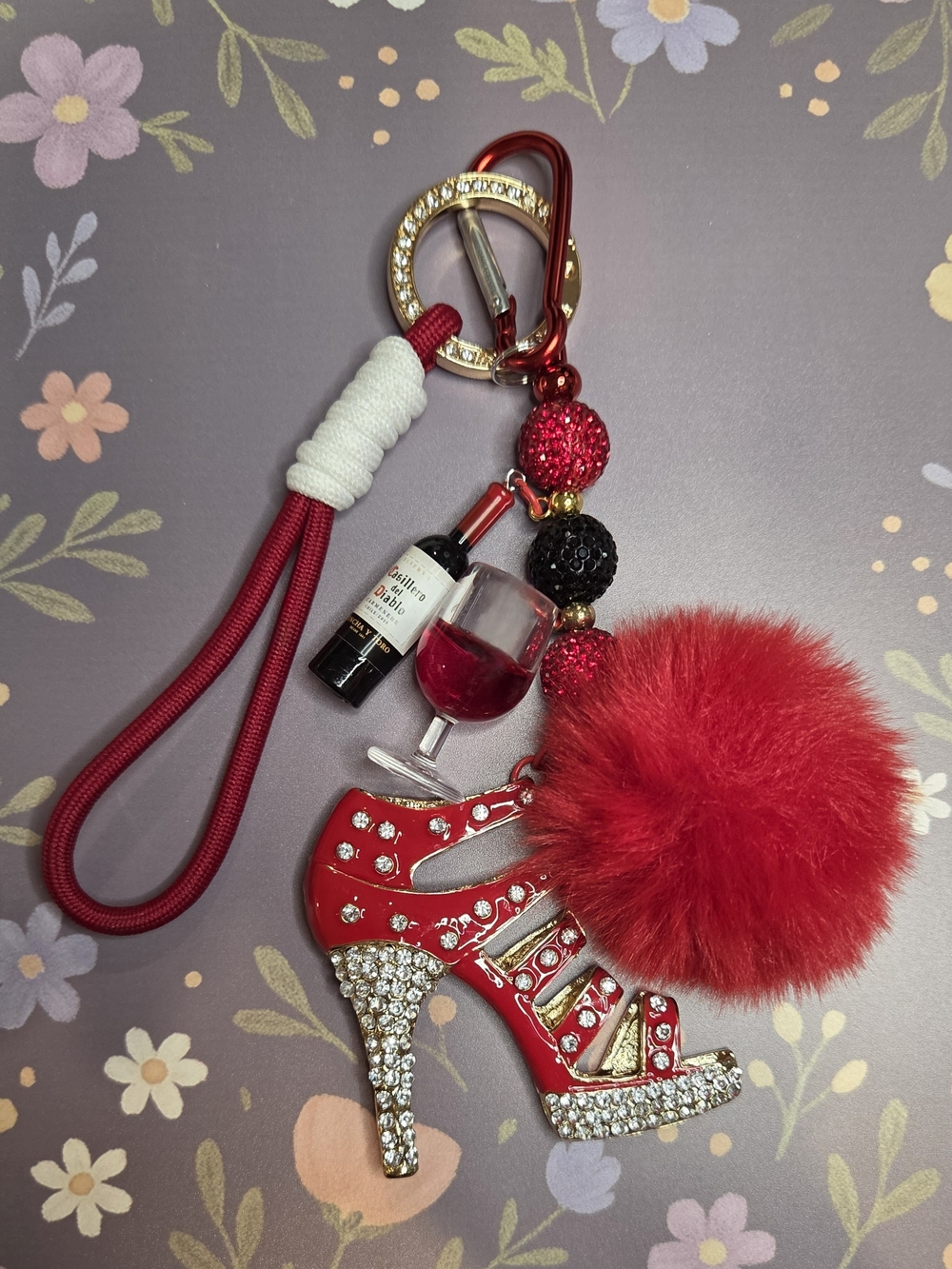 Stunning Red Rhinestone High Heel Pom Pom Keychain with Wine Glass Charm
